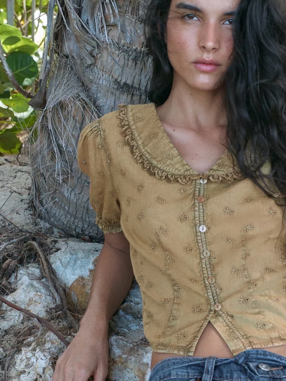 Zara Mustard Embroidered Button-Front Top